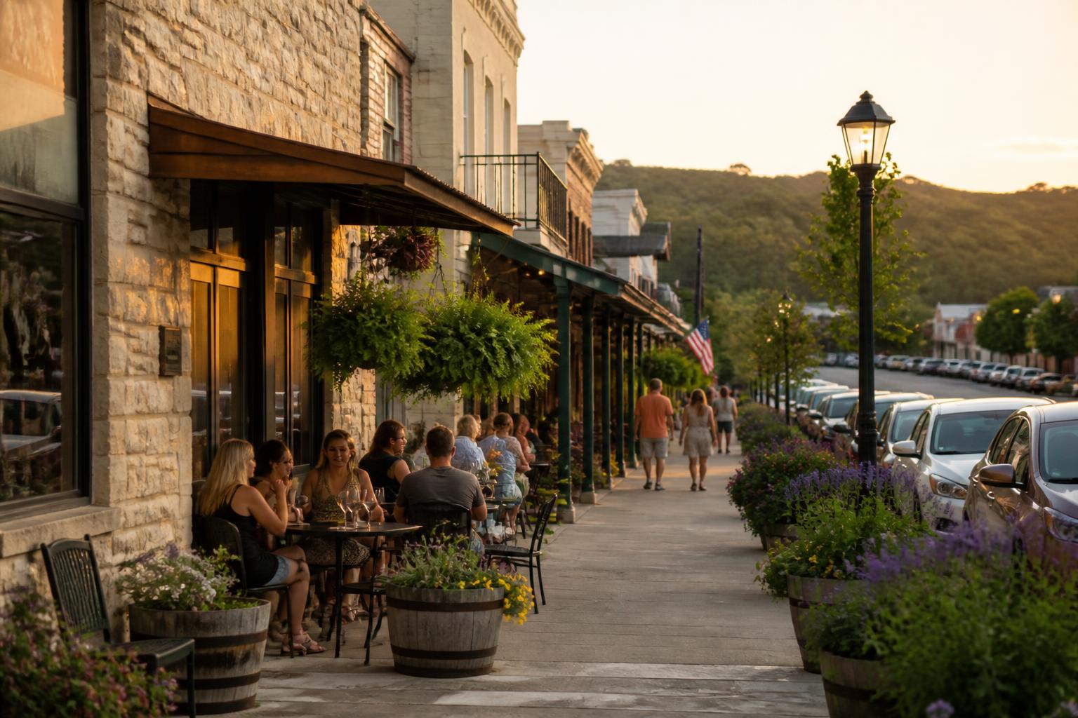 Historic Main Street in Fredericksburg, Texas, with limestone storefronts, outdoor dining, and seasonal flowers in the Texas Hill Country